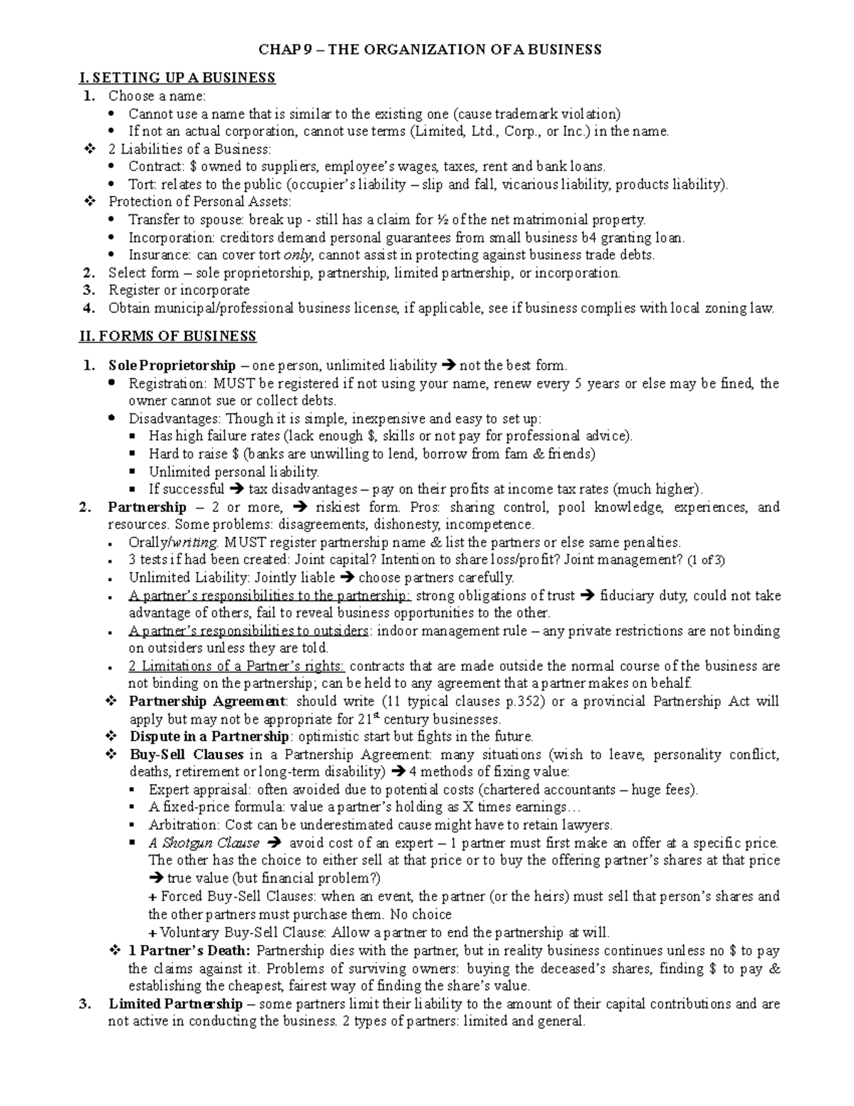 Chapter 9: THE ORGANIZATION OF A BUSINESS - CHAP 9 THE ORGANIZATION OF ...