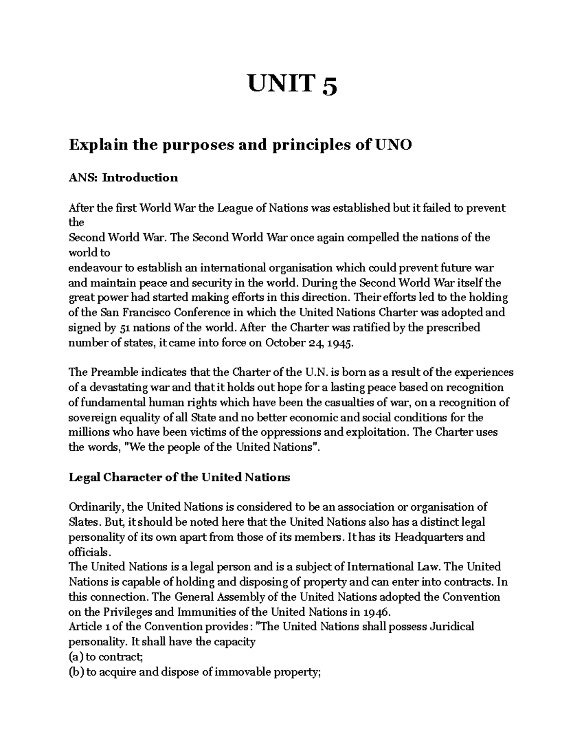 UNIT 5 PIL - notes - UNIT 5 Explain the purposes and principles of UNO ...