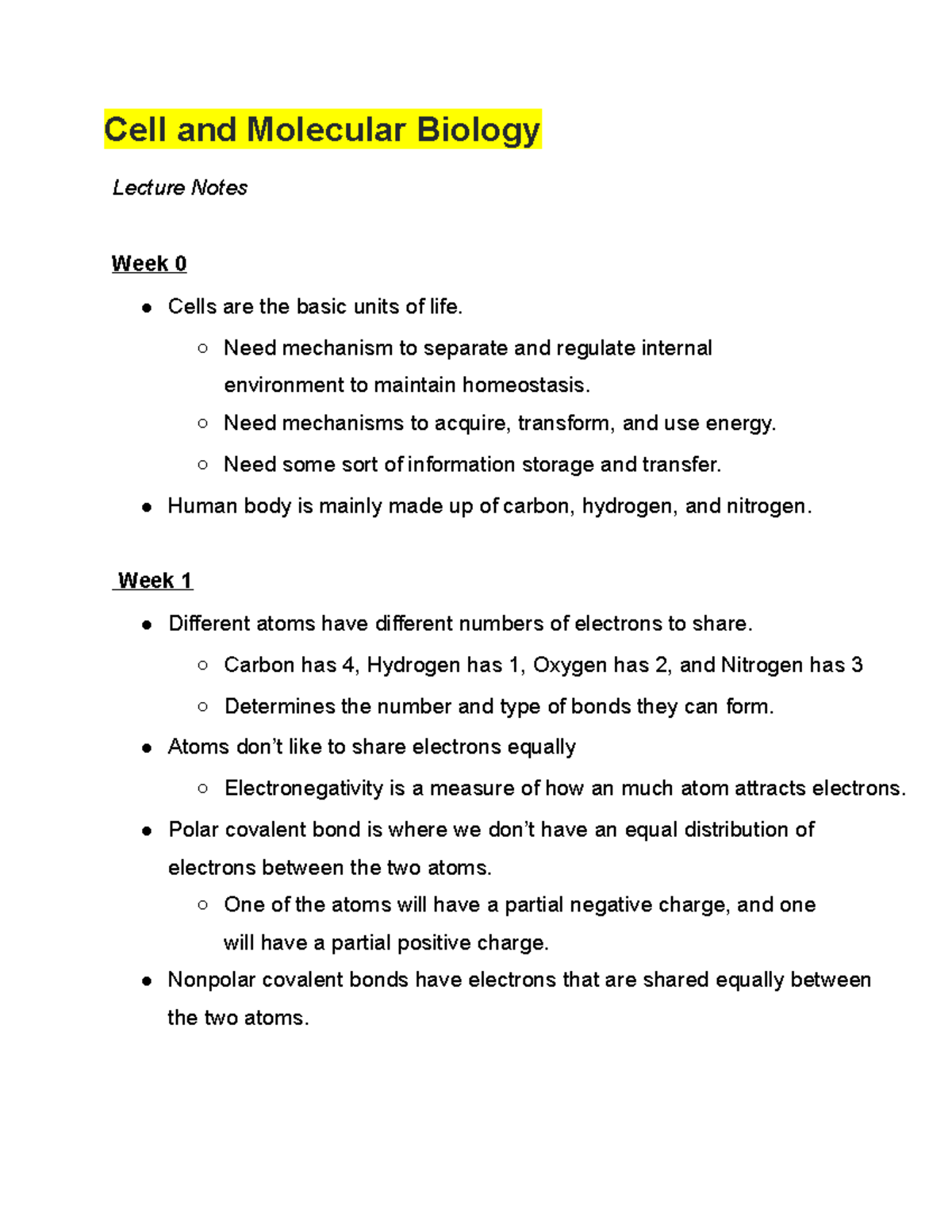 Cell and Molecular Biology - Notes 1 - Cell and Molecular Biology ...