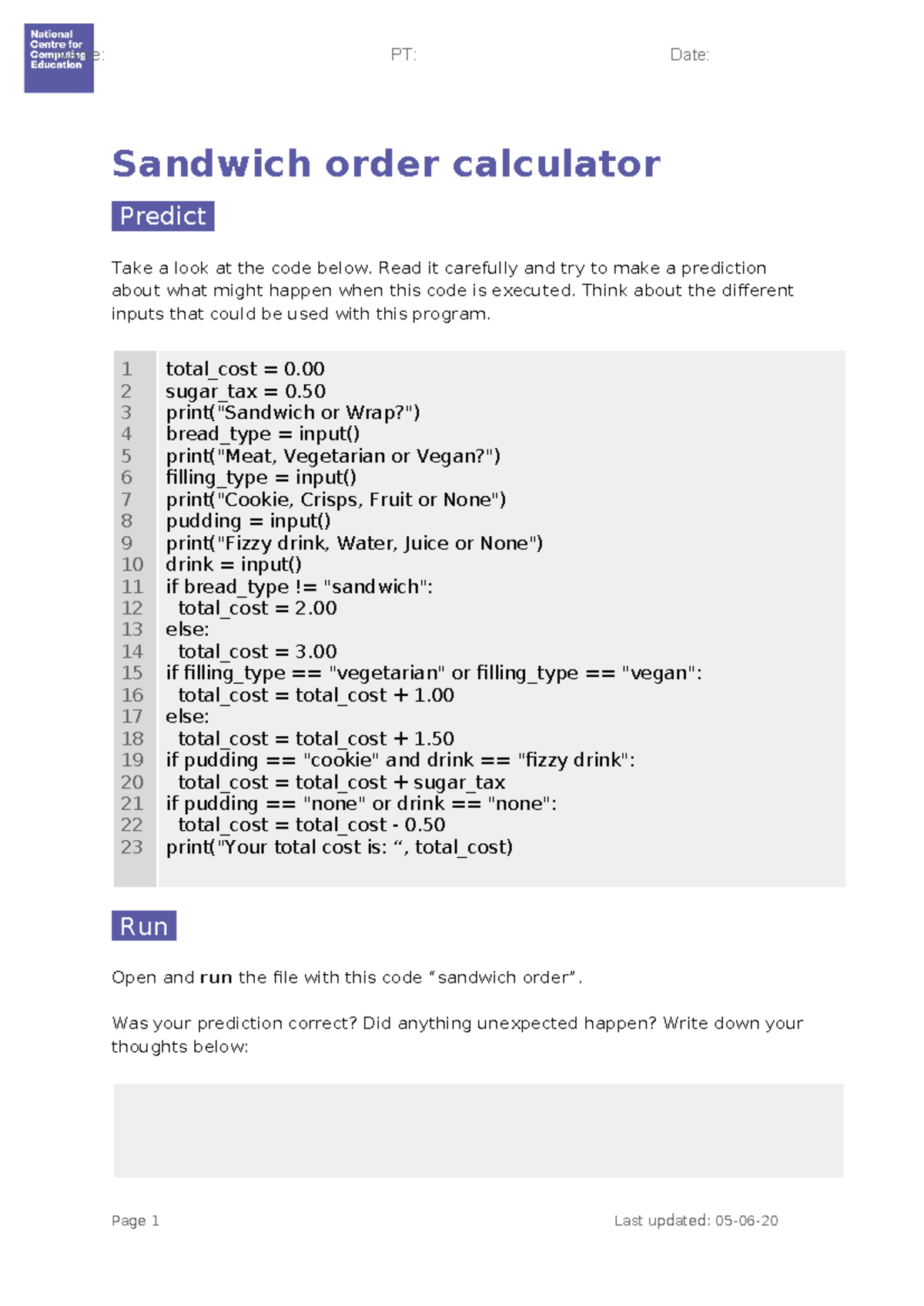 A2 Worksheet - Sandwich order calculator - Sandwich order calculator ...