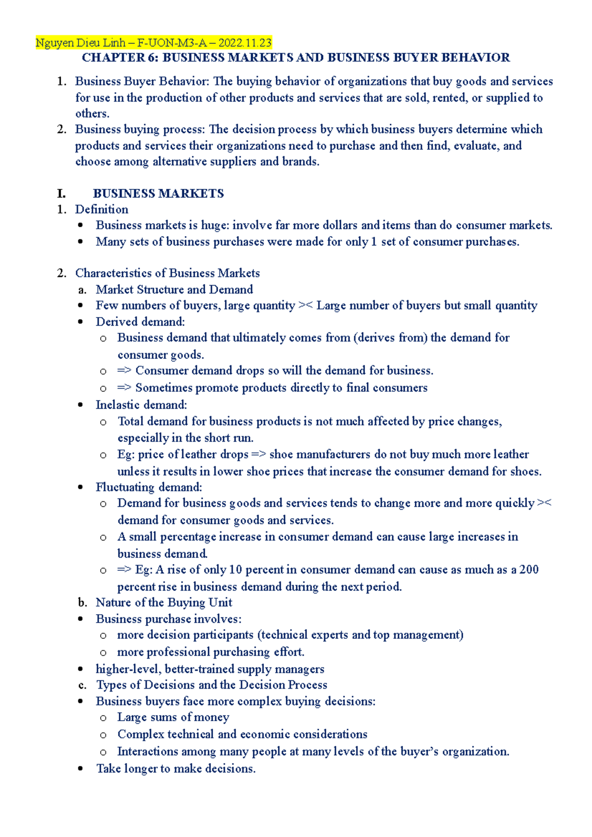 Mkt chap 6 summary - CHAPTER 6: BUSINESS MARKETS AND BUSINESS BUYER ...