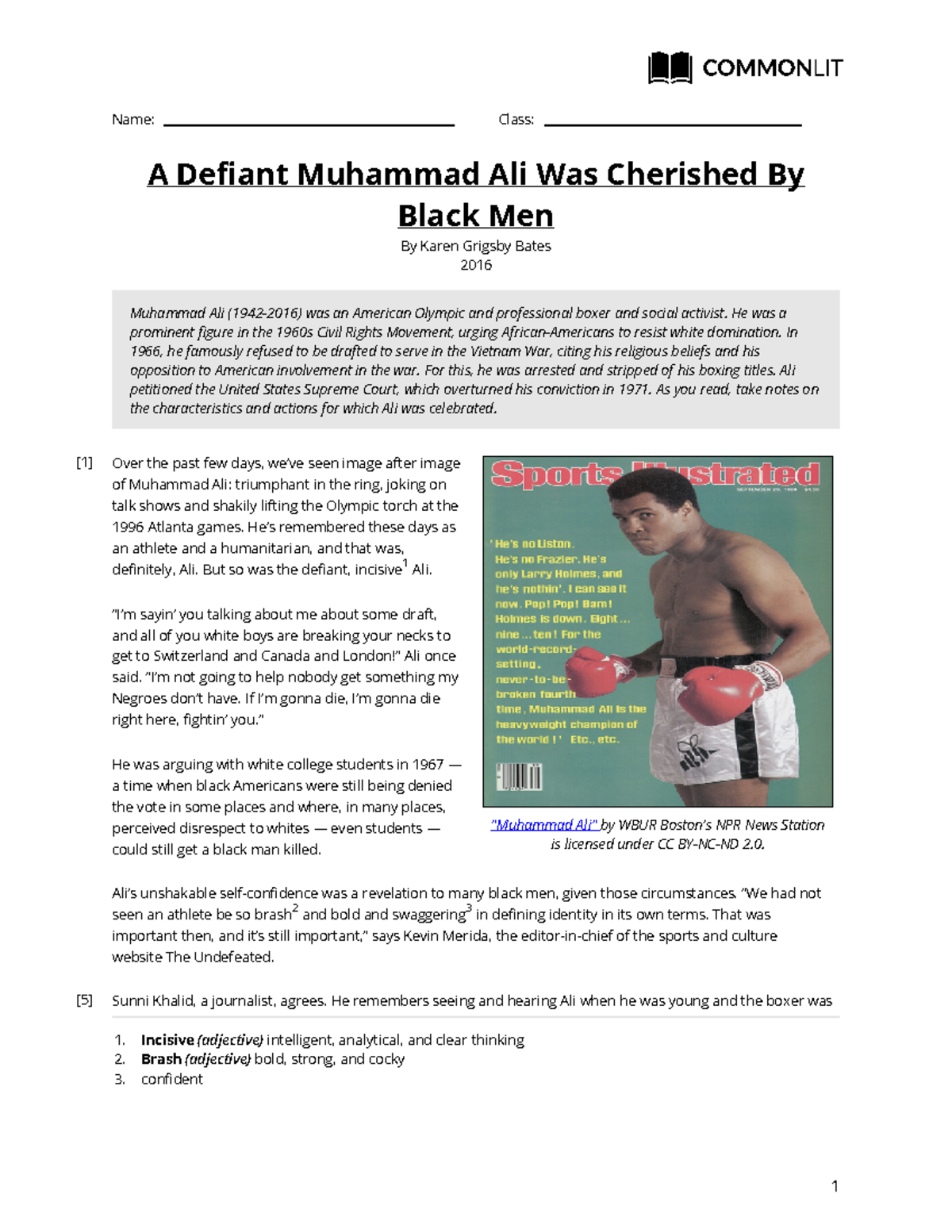 RI.9-10.2 passage Muhammad Ali reading - Name: Class: 