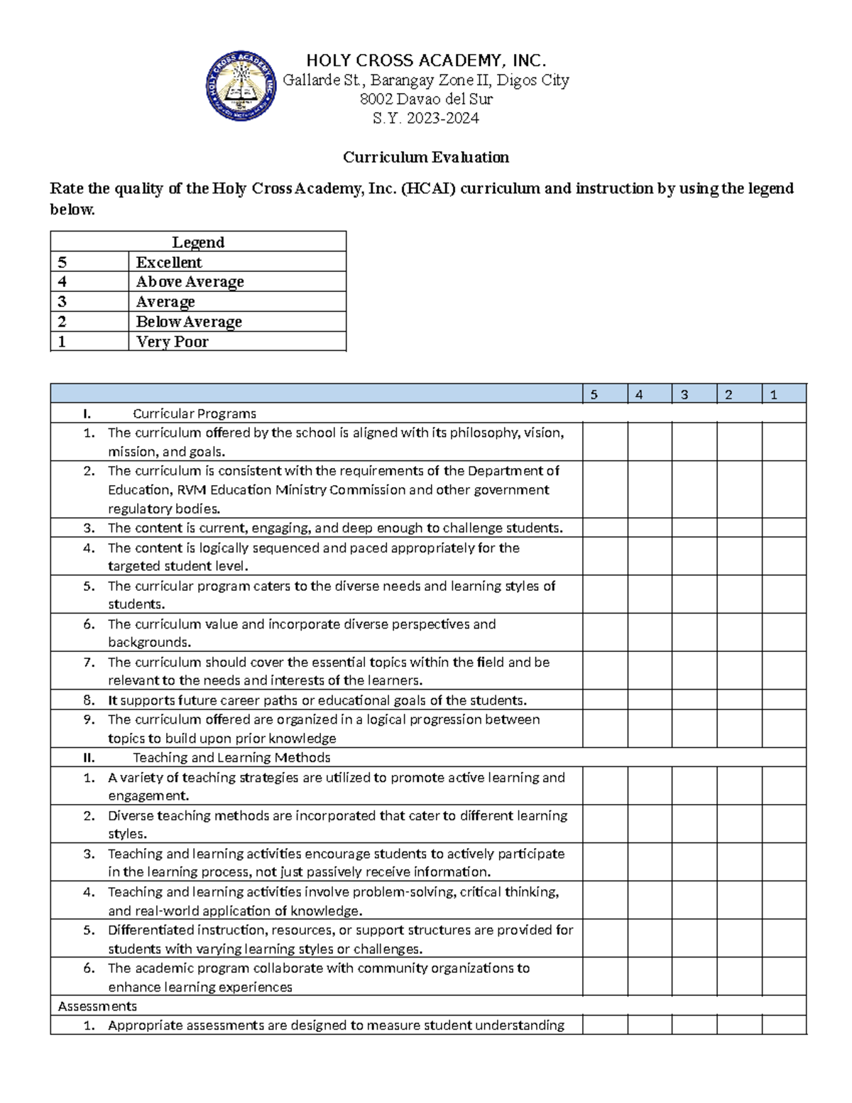 Curriculum evaluation - HOLY CROSS ACADEMY, INC. Gallarde St., Barangay ...