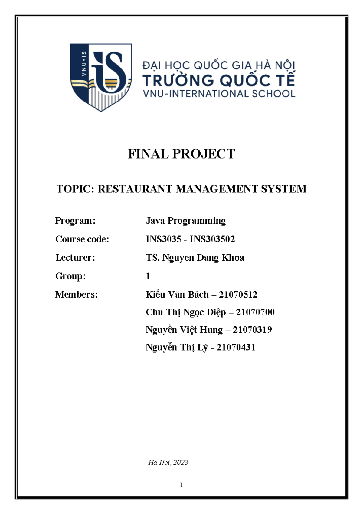 Final Report JAVA Group 1 - FINAL PROJECT TOPIC: RESTAURANT MANAGEMENT ...