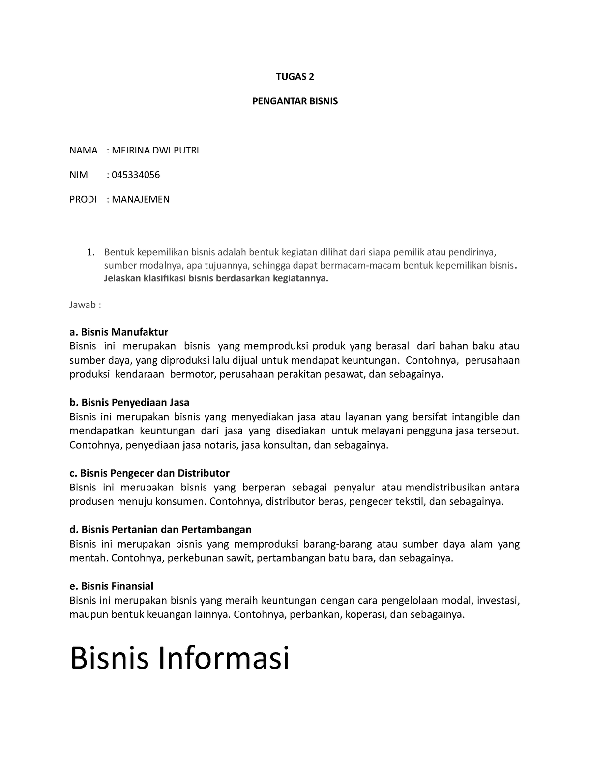 Tugas 2 Pengantar Bisnis - TUGAS 2 PENGANTAR BISNIS NAMA : MEIRINA DWI ...