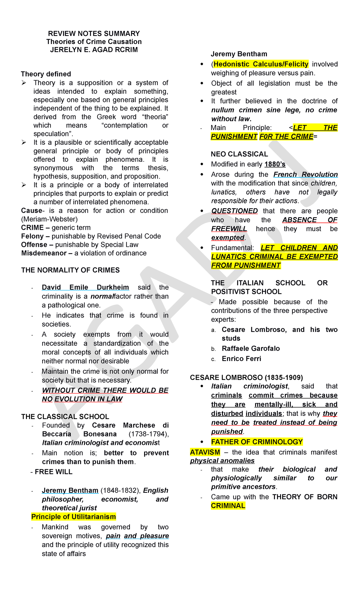 Theories Of Crime Causation (USM) - REVIEW NOTES SUMMARY Theories Of ...