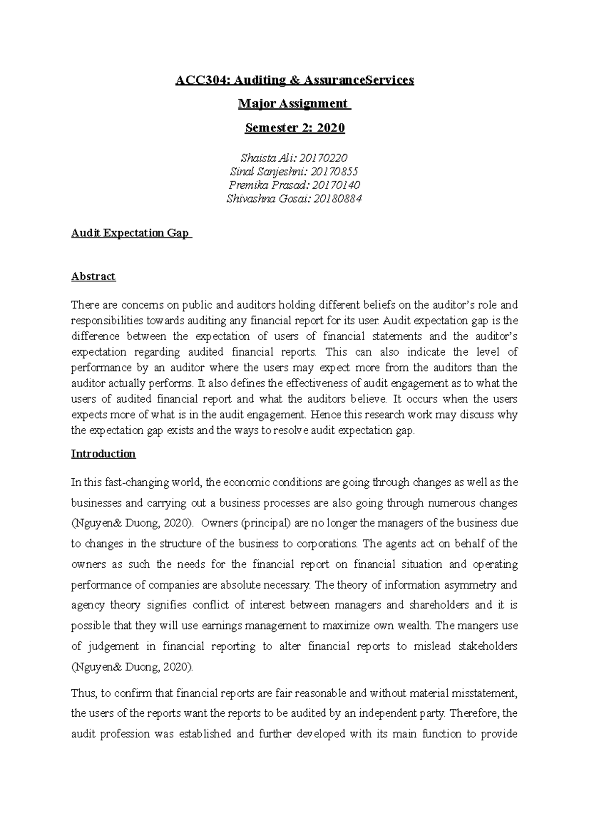 ACC-304 ( Group Assignment ) - Auditing & Assurance Services - Studocu