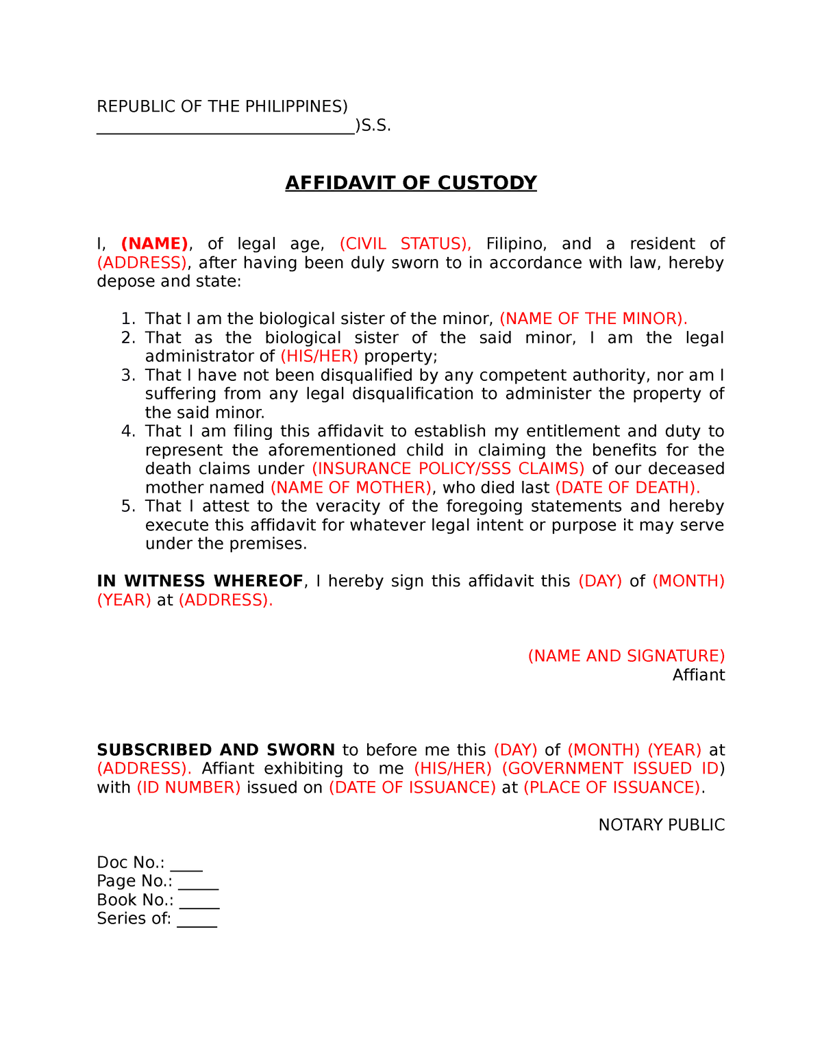 Affidavit Of Custody Sibling Republic Of The Philippines S 3925