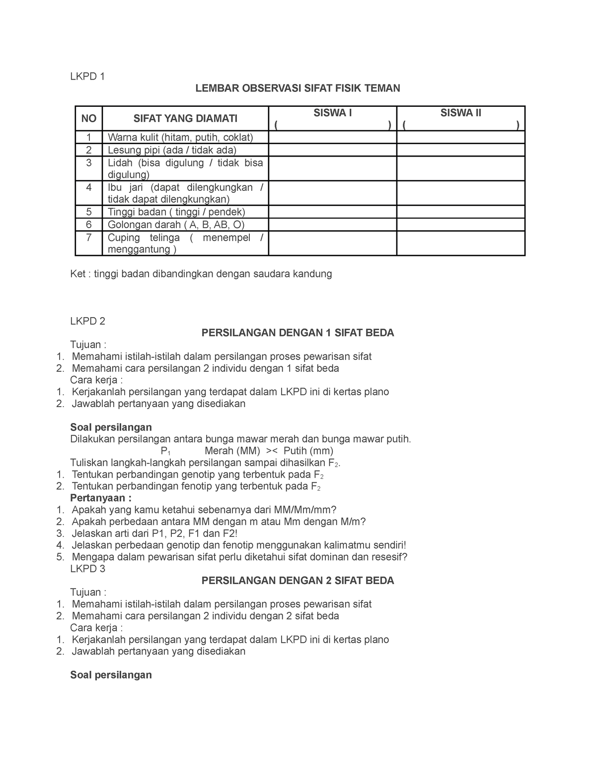 LKPD Pewarisan Sifat - LKPD 1 LEMBAR OBSERVASI SIFAT FISIK TEMAN NO ...