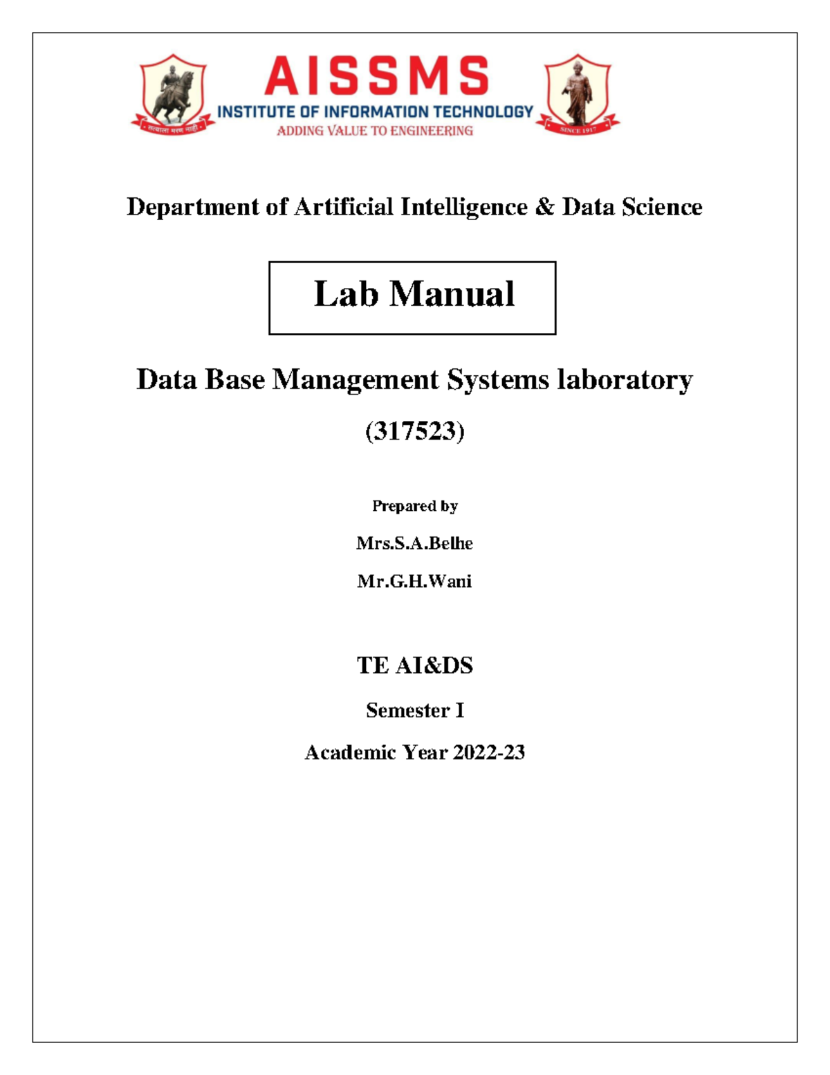 DBMS Lab Manual This would help Department of Artificial