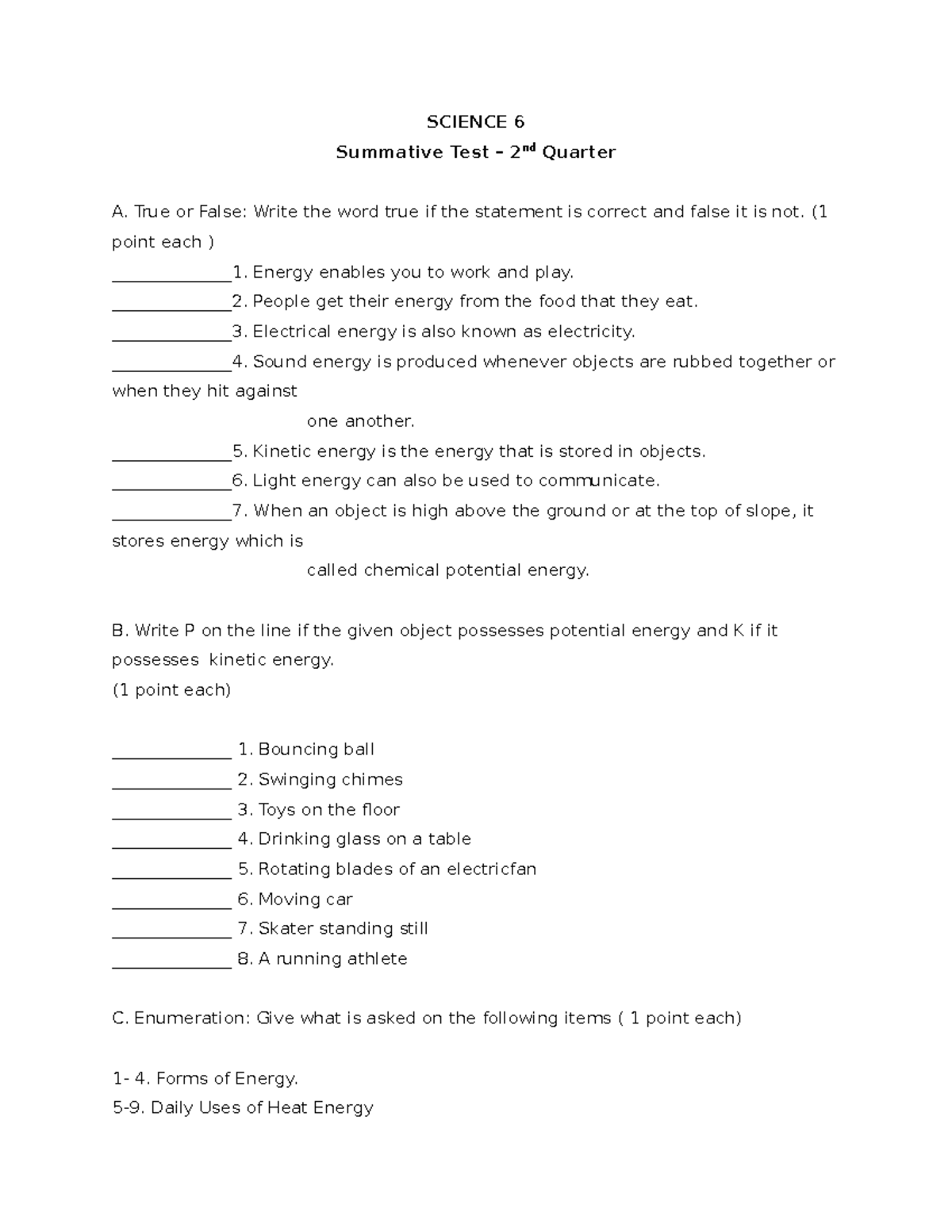 science grade 6 2nd quarter exam answer key