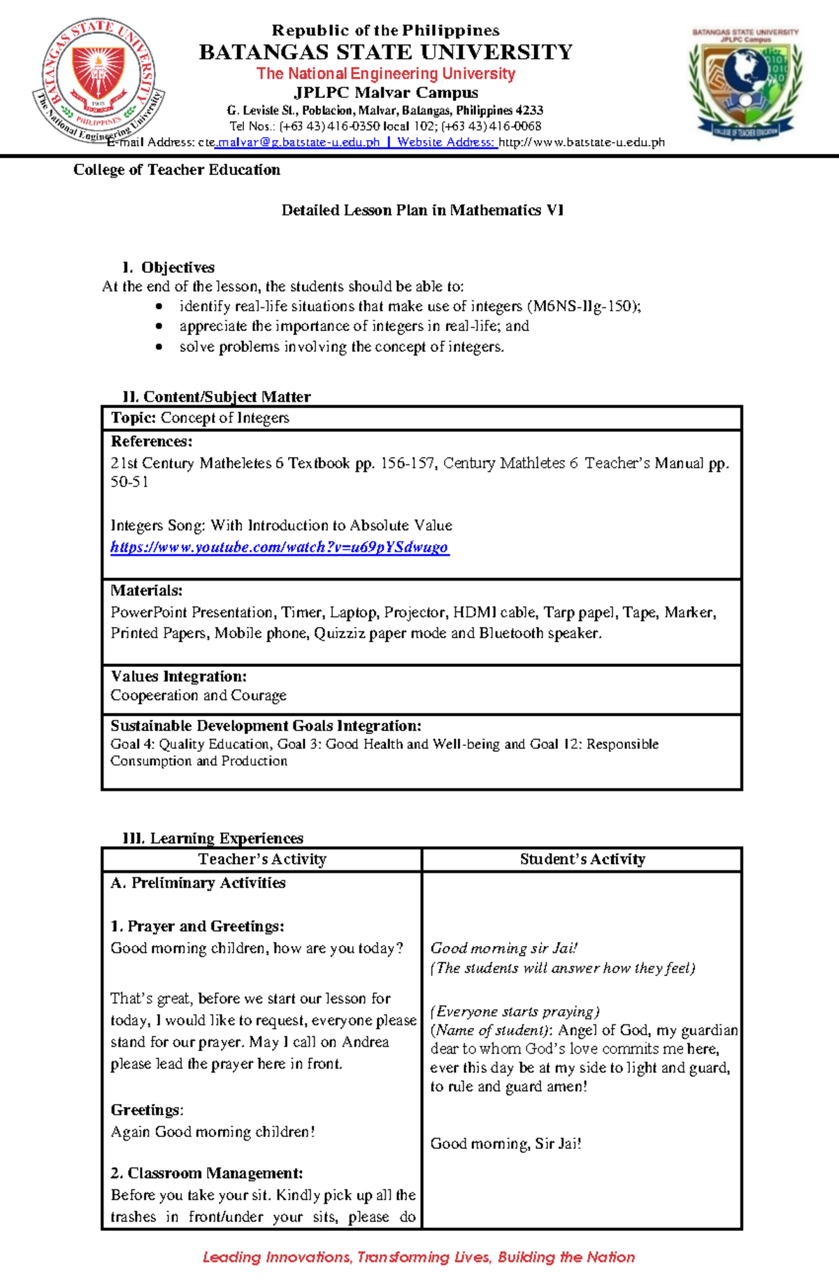 Detailed Lesson PLAN IN Mathematics VI - BATANGAS STATE UNIVERSITY The ...