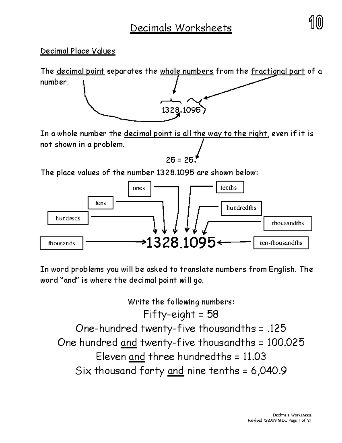 Math learning materials for the basic decimals topics - Decimals Worksheets  Decimal Place Values The - StuDocu