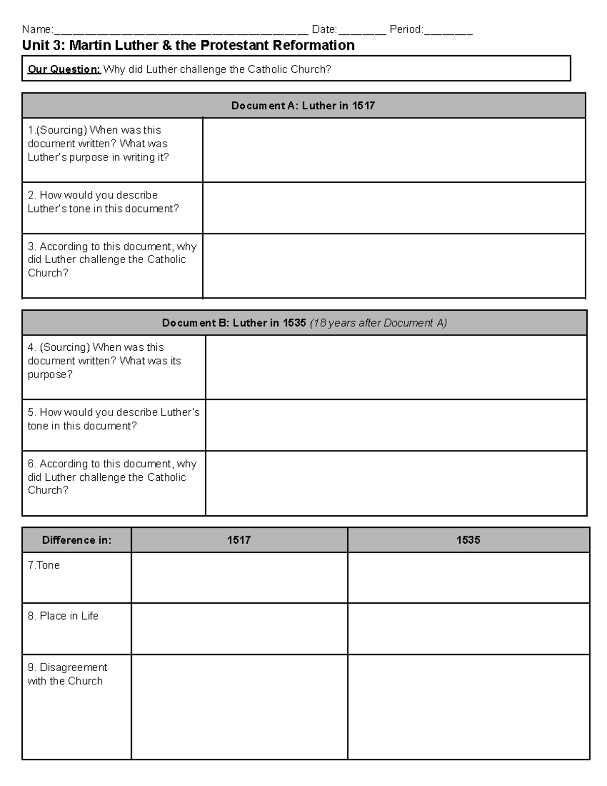 Allyson Towns - Unit 3 Protestant Reformation Activity (Student Handout ...