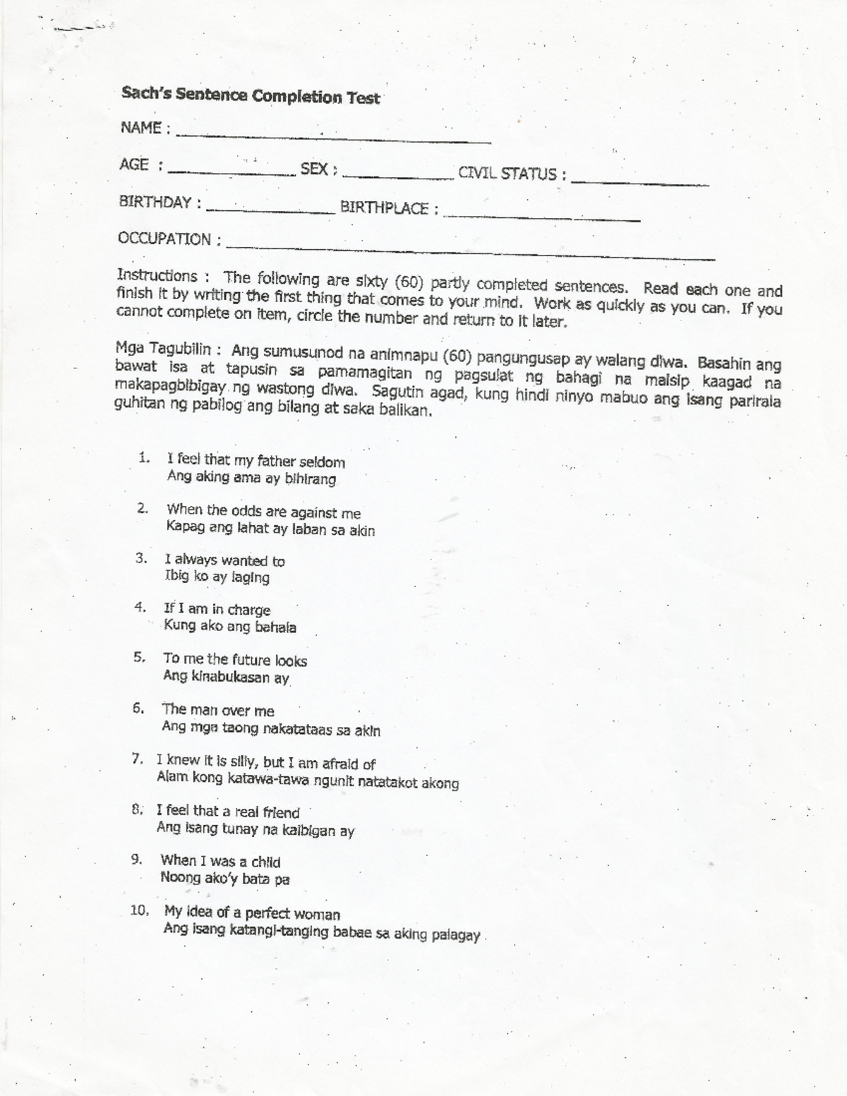 Sachs sentence completion test - Bachelor of Science major in ...