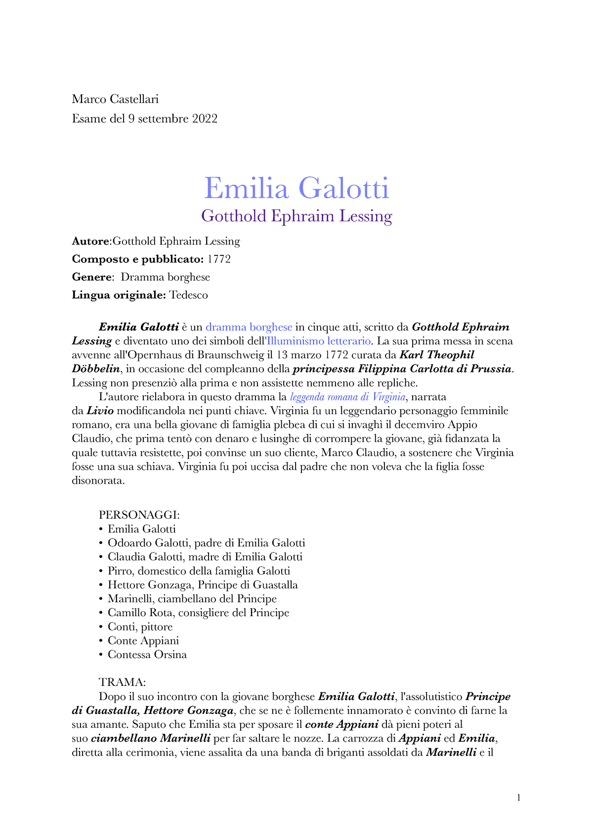 Emilia Galotti - G.E. Lessing - Marco Castellari Esame del 9 settembre 2022 Emilia  Galotti Gotthold - Studocu
