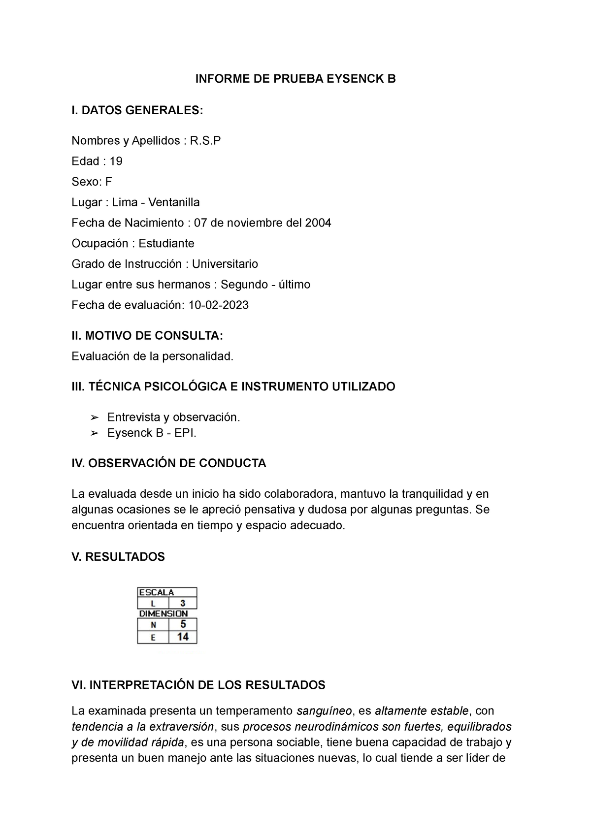 Informe De Prueba Eysenck B - INFORME DE PRUEBA EYSENCK B I. DATOS ...