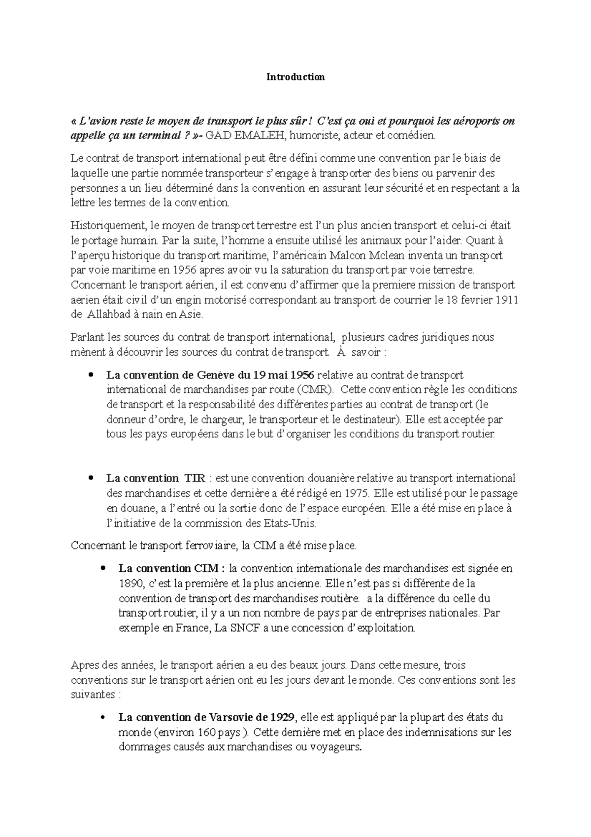 Le contrat de transport maritime Introduction « L