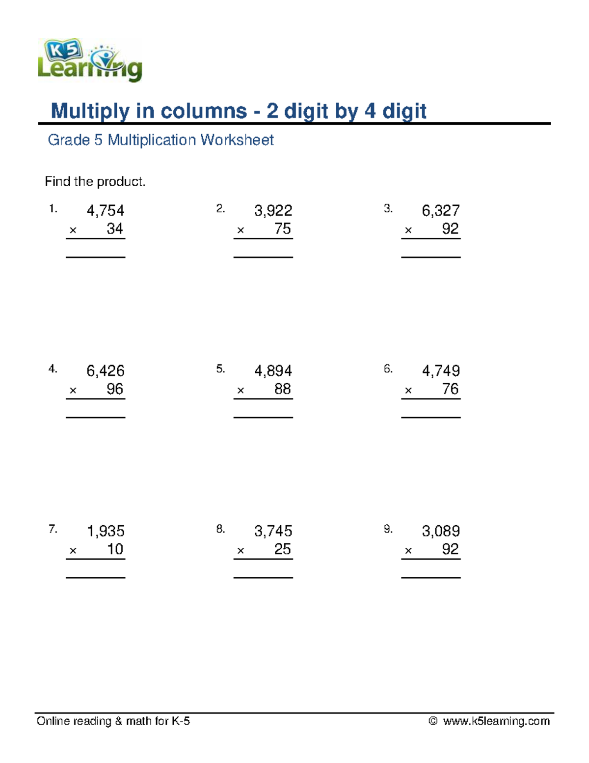 Grade 5 multiply columns 2 digit 4 digit c - Educational Management ...