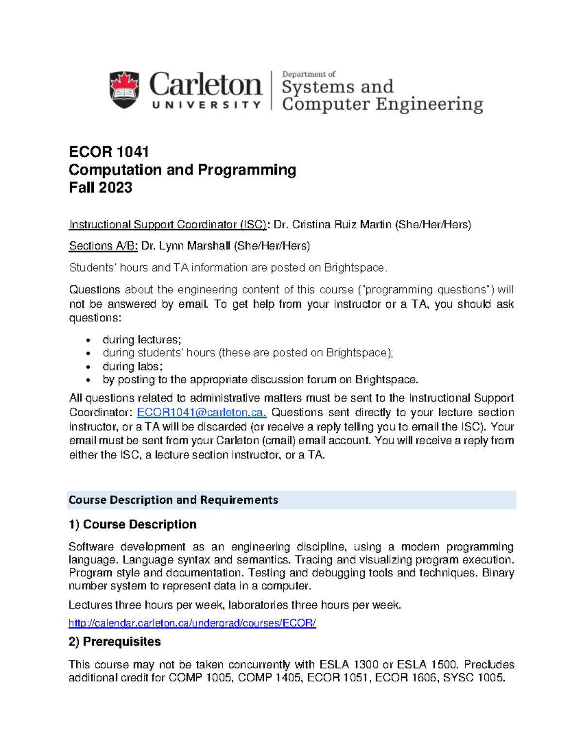 ECOR1041 Course Outline Early Fall23 - ECOR 1041 Computation and ...