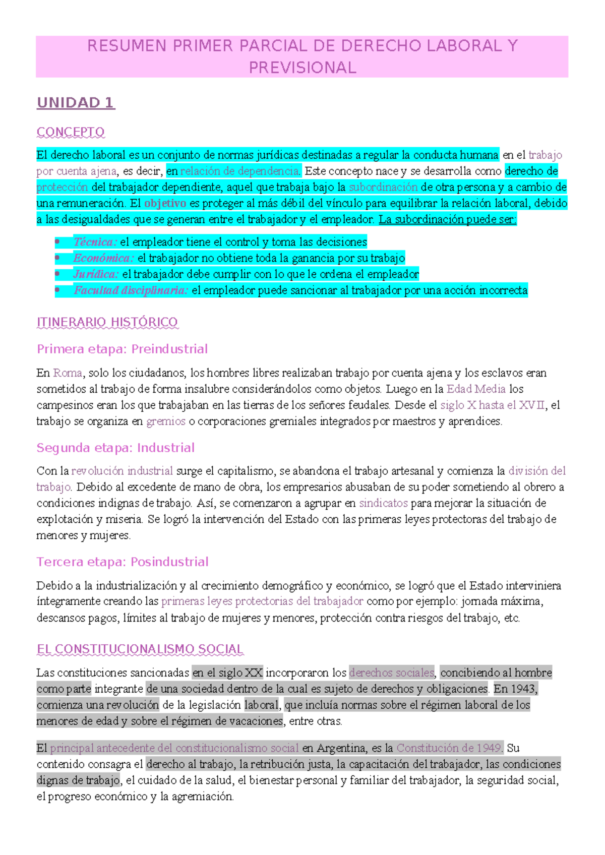 Resumen Primer Parcial DE Derecho Laboral Y Previsional - RESUMEN ...