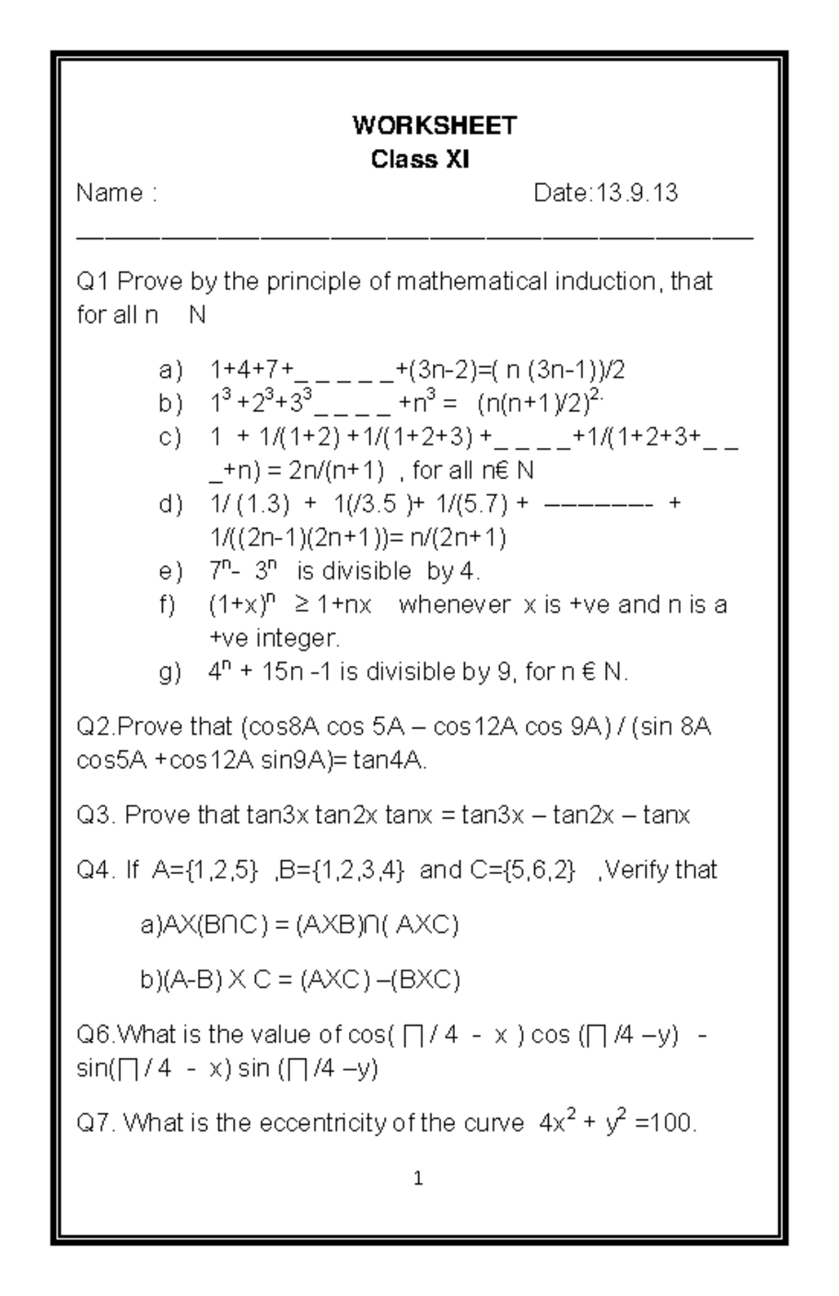 CBSE Class 9 Mathematics Worksheet - Revision Worksheet - 1 WORKSHEET ...