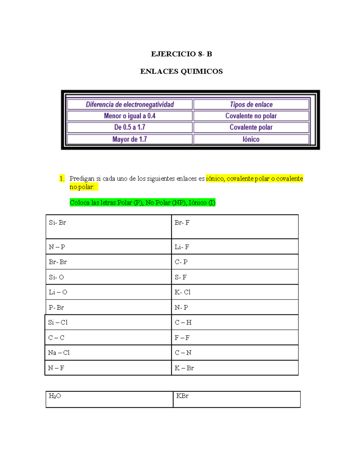 Ejercicio 8-B Enlaces Quimicos - EJERCICIO 8- B ENLACES QUIMICOS 1 ...