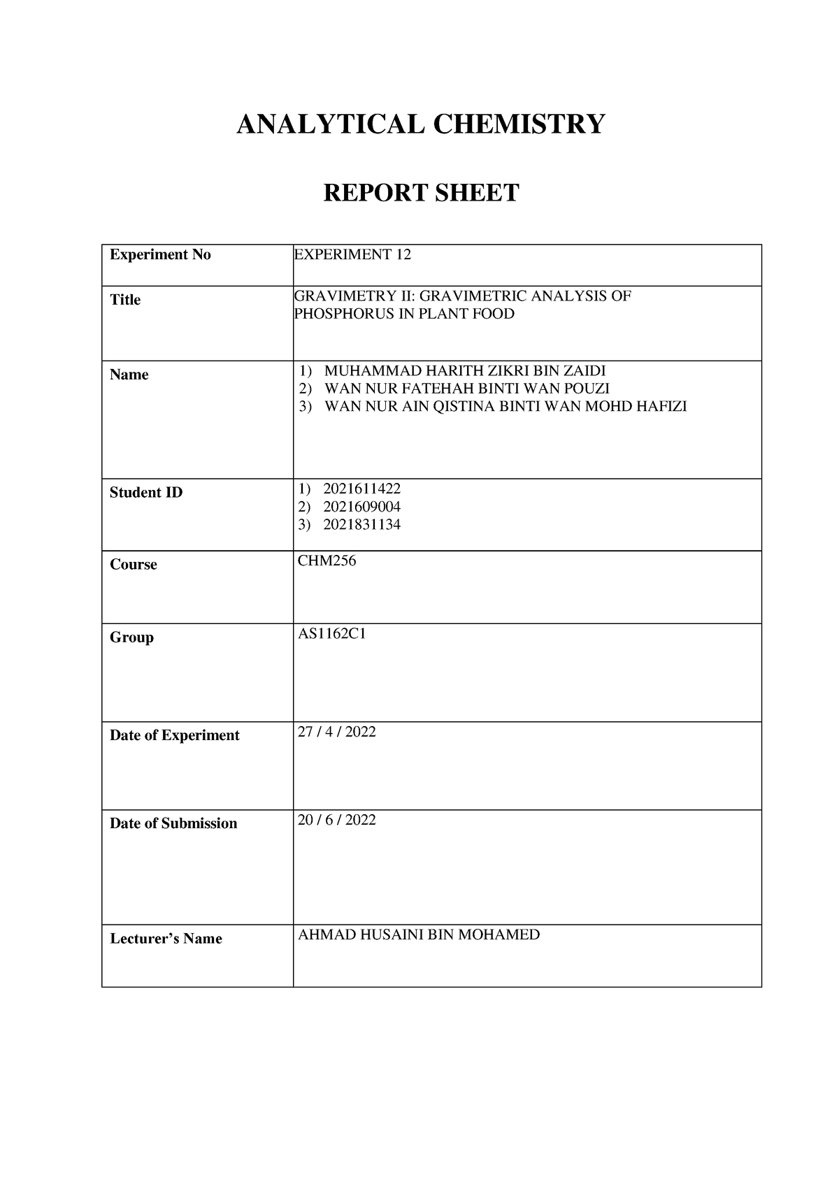 CHM Experiment 12 - ANALYTICAL CHEMISTRY REPORT SHEET Experiment No ...