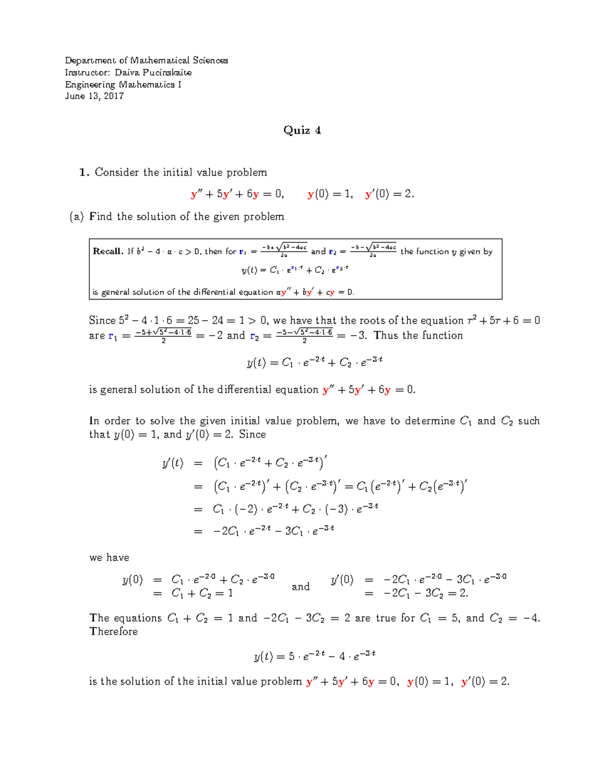 Engineering Mathematics Summer 2017 Quiz 4 Solution - Department of ...