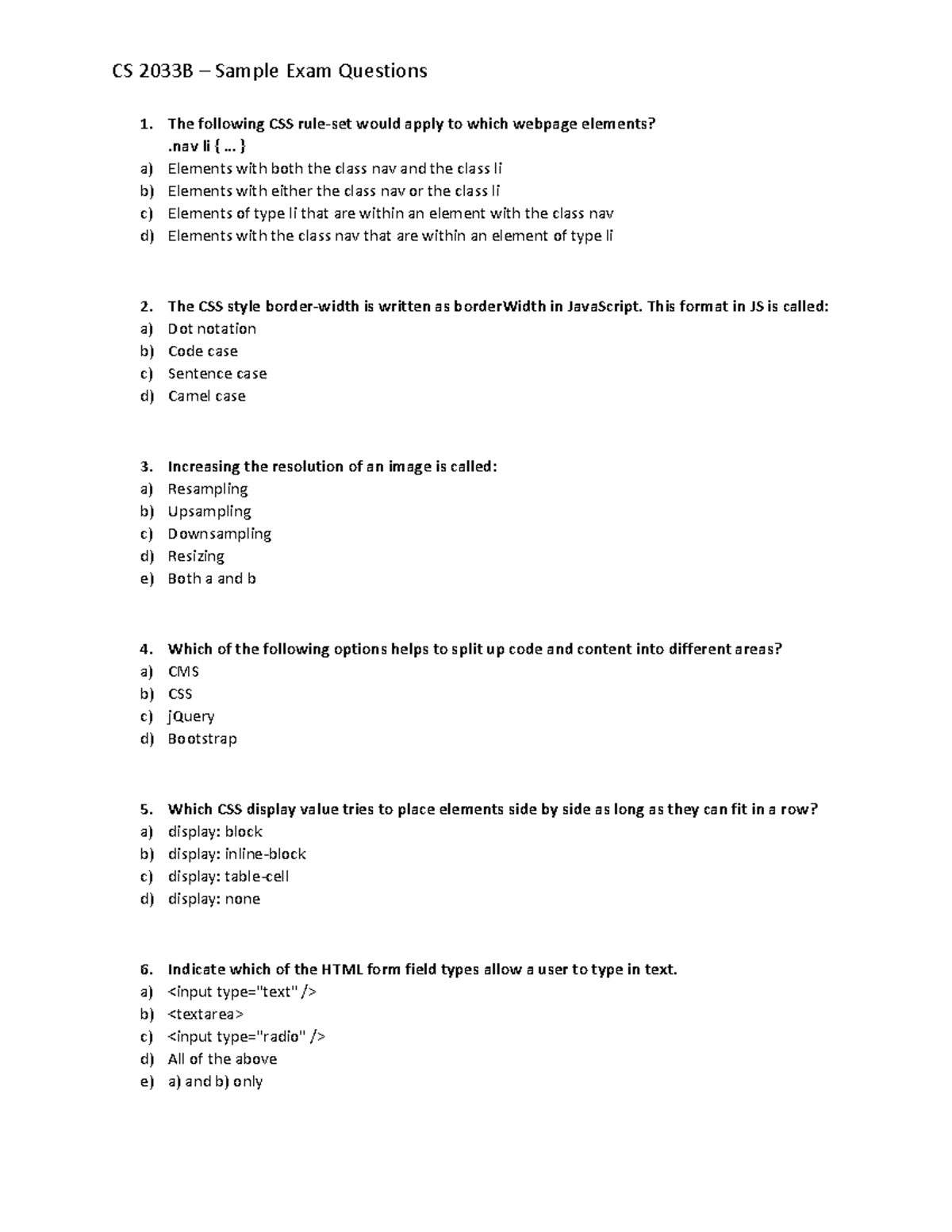 CS2033BSample Exam Questions - The following CSS rule-set would apply ...