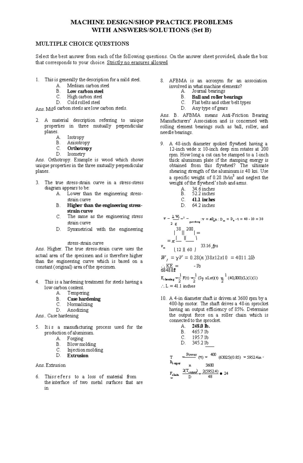 MACHINE DESIGN/SHOP PRACTICE PROBLEMS WITH ANSWERS/SOLUTIONS (Set B ...