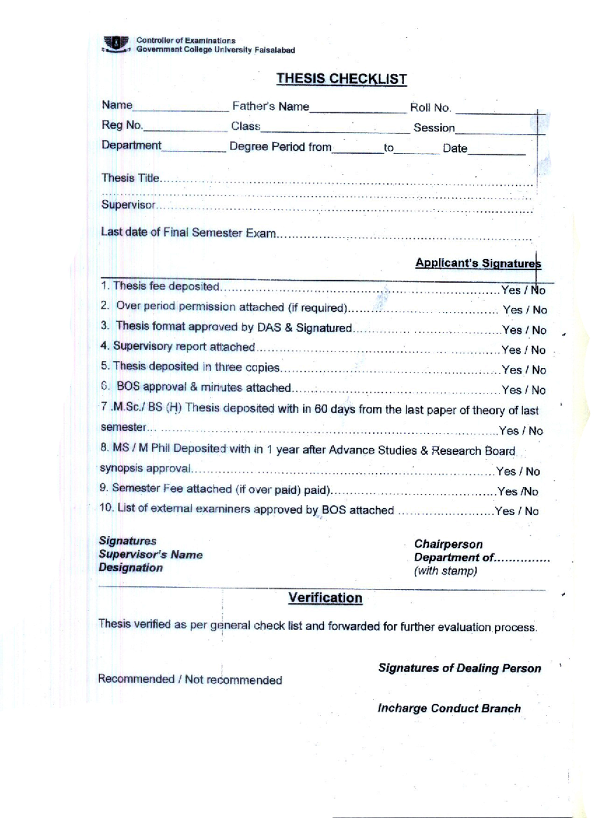 Thesis Checklist - Controller of Examinations Government College ...