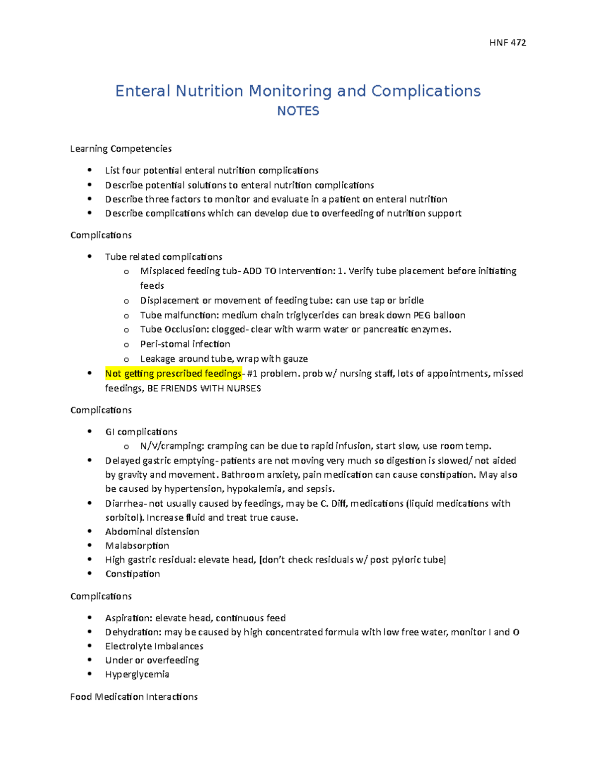Enteral Complications and Monitoring Notes - HNF 472 Enteral Nutrition ...