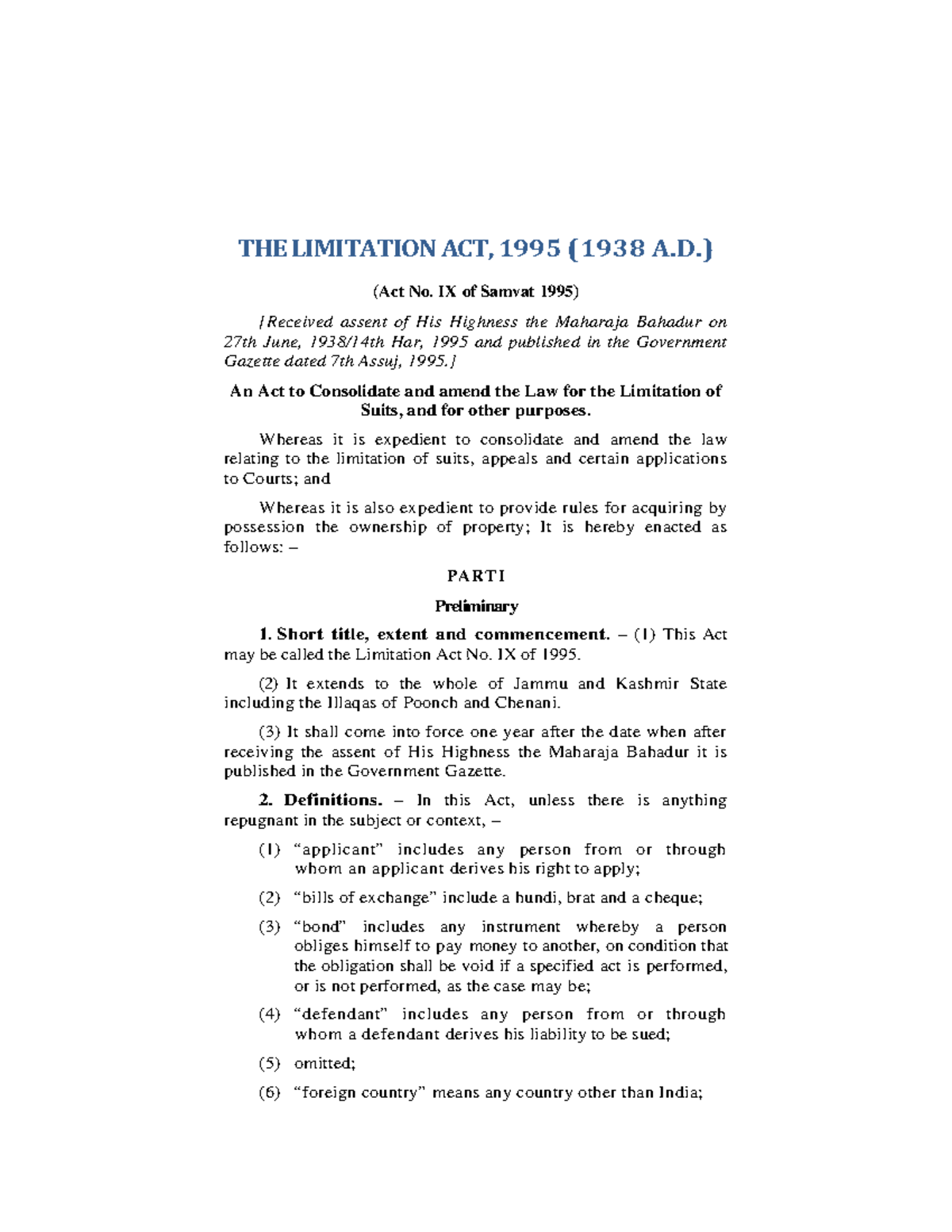 Limitation act - LLB notes - THE LIMITATION ACT, 1995 (1938 A.) (Act No ...