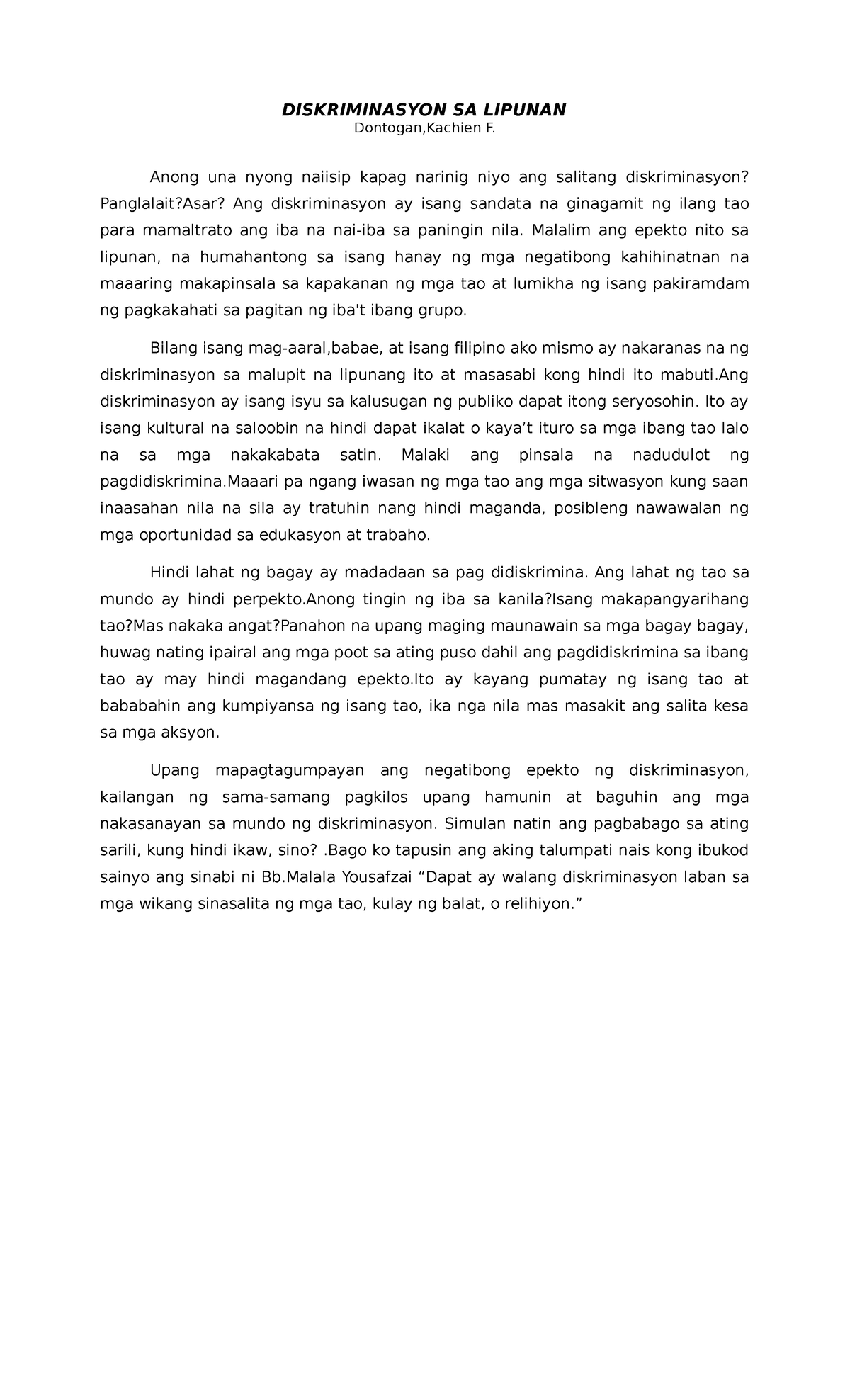 Diskriminasyon SA Lipunan - DISKRIMINASYON SA LIPUNAN Dontogan,Kachien ...