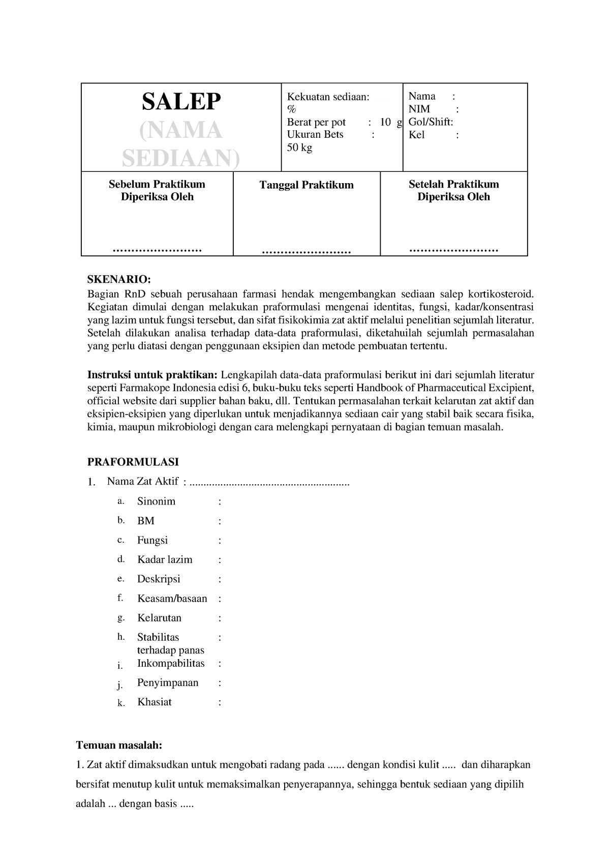 Ws P3 - Worksheet - SALEP (NAMA SEDIAAN) Kekuatan Sediaan ...