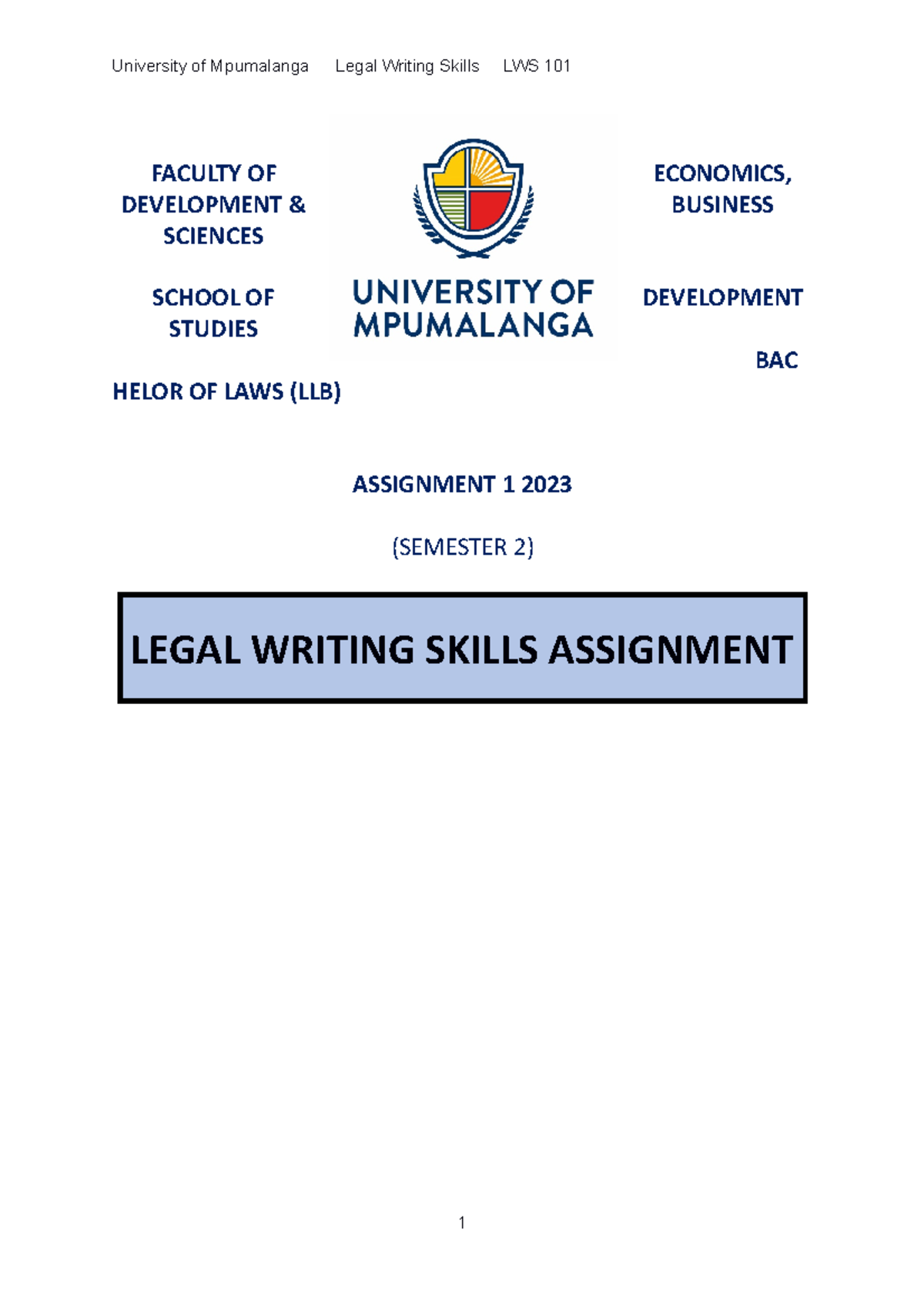 LLB Assignment - Legal Writing Skills 2023 - University of Mpumalanga ...