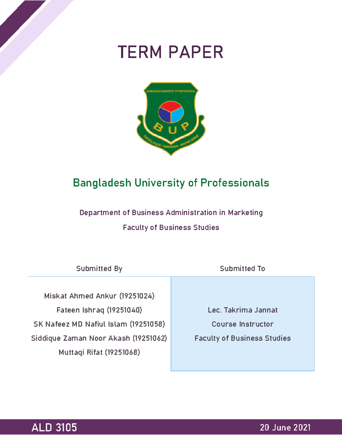 New Startup Establishment - TERM PAPER Bangladesh University of ...