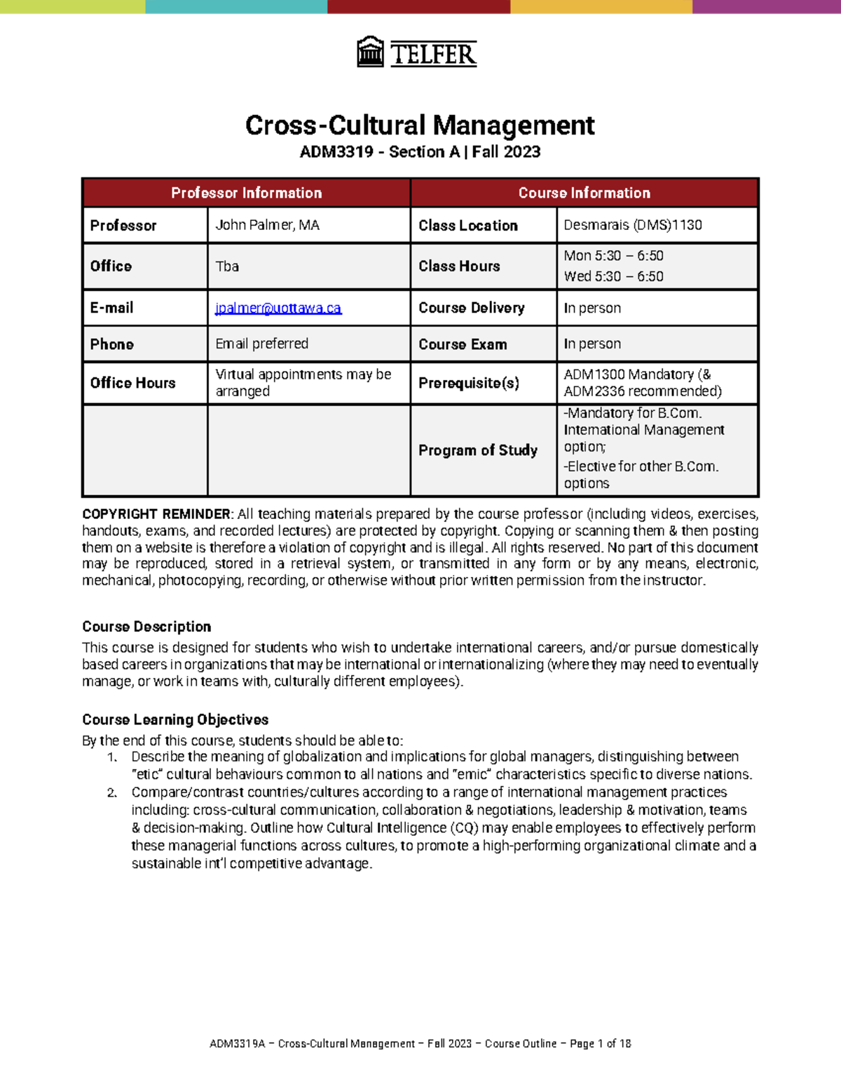 ADM3319 Course Outline Fall 2023 - Cross-Cultural Management ADM3319 ...