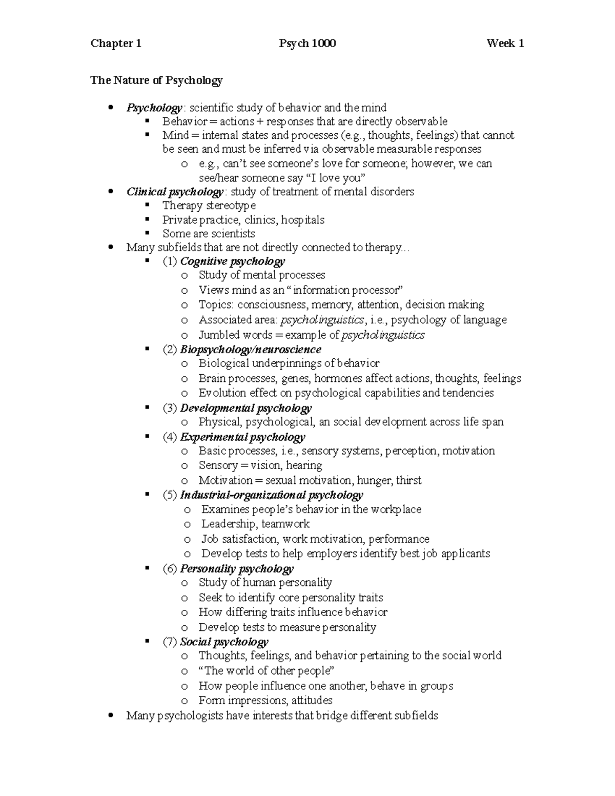 Cha. 1 - Lecture notes 1 - The Nature of Psychology Psychology ...