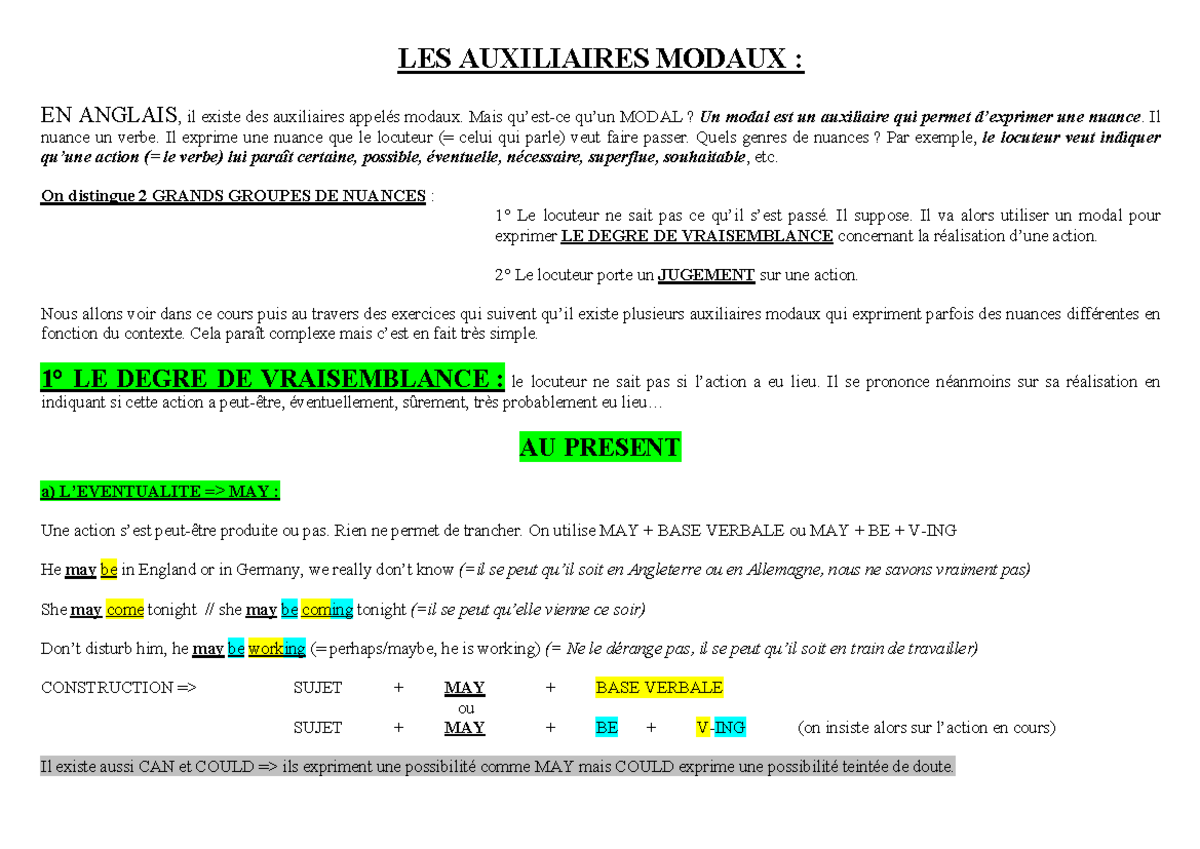 Cours d'Anglais les auxiliaires modaux (partie 1) LES AUXILIAIRES MODAUX EN ANGLAIS, il Cours d'Anglais les auxiliaires modaux (partie 1) LES AUXILIAIRES MODAUX EN ANGLAIS, il