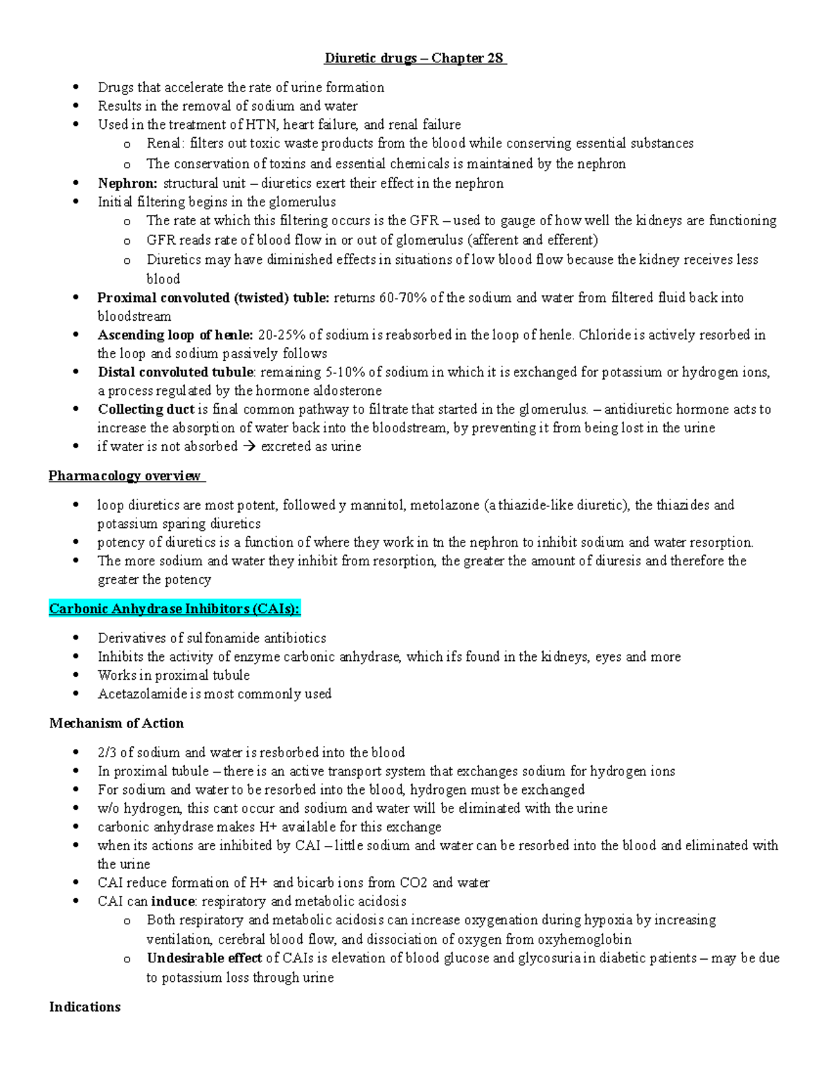 Exam 1 Notes - Diuretic Drugs – Chapter 28 Drugs That Accelerate The ...