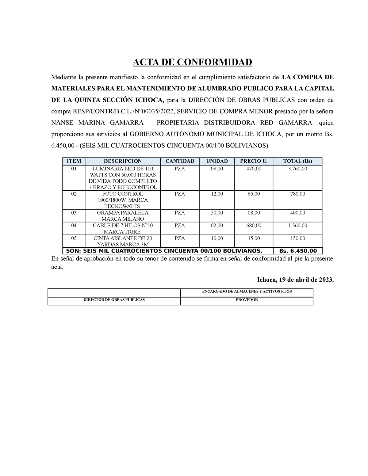 ACTA DE Conformidad Alumbrado Publico - ACTA DE CONFORMIDAD Mediante La ...