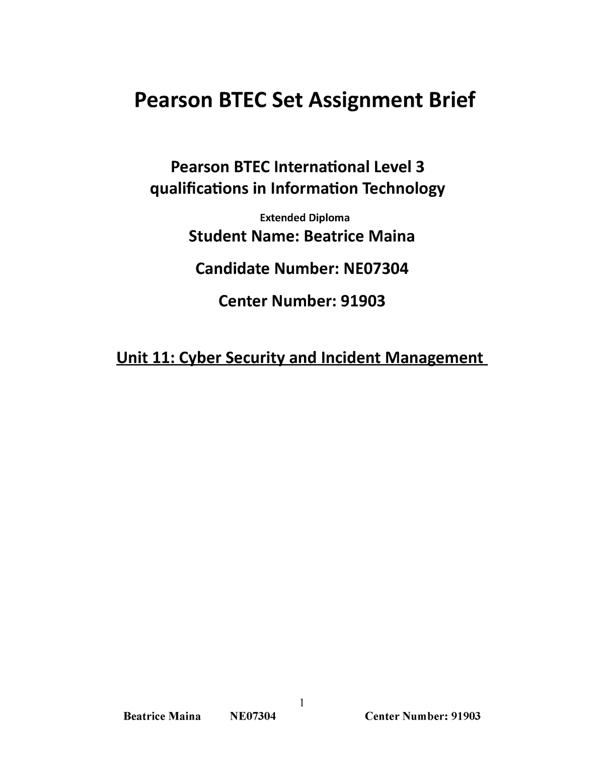 91903 - NE07304 - Bentui Maina BTEC Unit 11 - Pearson BTEC Set ...