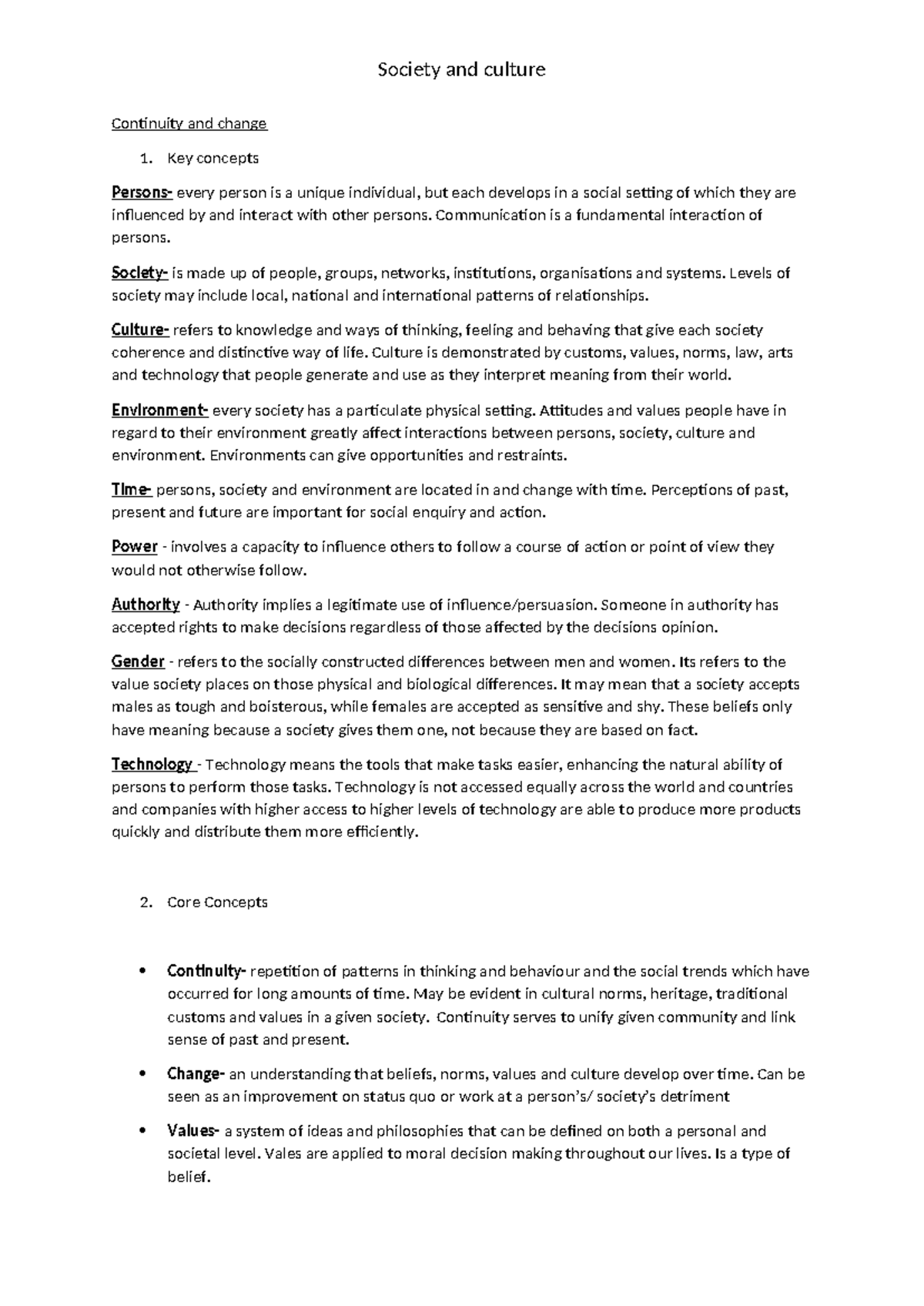 Society and Culture Notes - Continuity and change 1. Key concepts ...