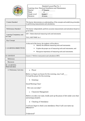 Lesson Plan Basic Maintenance OF Tools AND Equipment - Content Standard ...