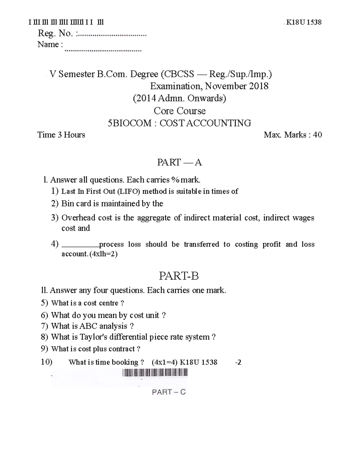 Cost accounting 2018 Question paper I IlI Ill Ill IllI IIllIl I I