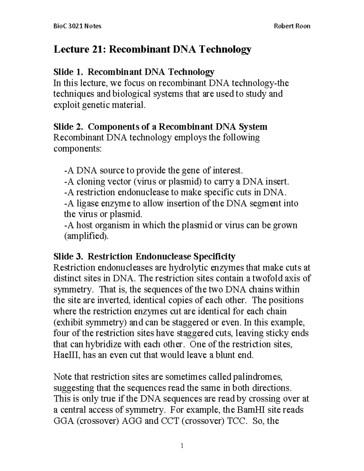 Lecture 21 Recombinant DNA Technology - Lecture 21: Recombinant DNA ...