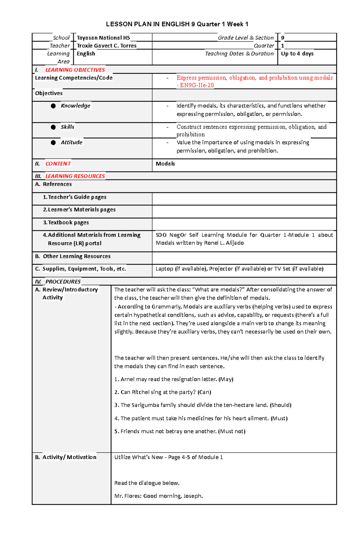 G9 Q1 Week1 Modals - sample - LESSON PLAN IN ENGLISH 9 Quarter 1 Week 1 ...