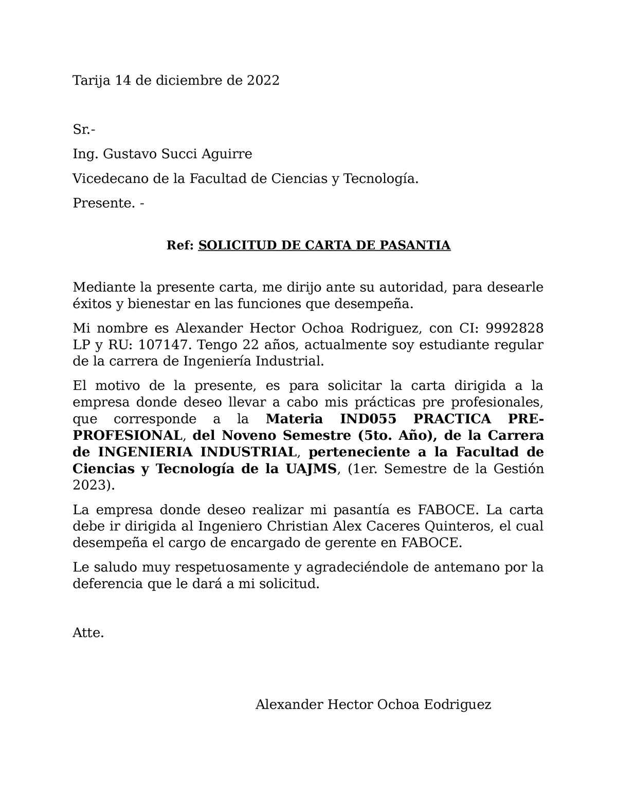 Pasantia Faboce Guía De Carta Para Pasantía Tarija 14 De Diciembre De 2022 Sr Ing Gustavo 9940